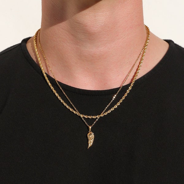 18k Gold Angel Wing Pendant Chain Mens Wing Necklace Gold Wing Pendant Vintage Necklace Gold Wing Chain Boyfriend Gift Valentines Gift Man