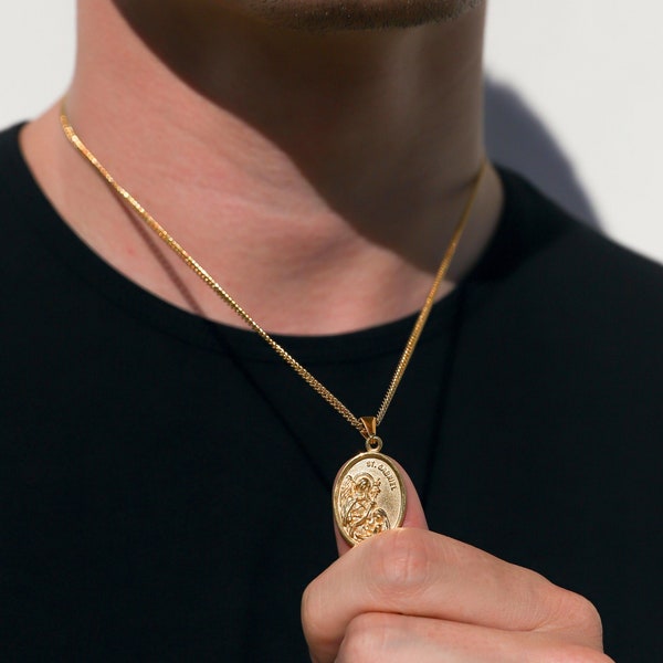 18k Gold St Gabriel Pendant Saint Gabriel Medal Archangel Gabriel Necklace Protector Pendant Necklace For Men Gift For Man Boyfriend Gift