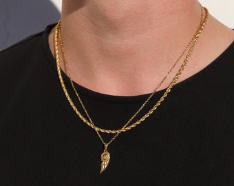 18k Gold Angel Wing Pendant 18k Gold Twist Rope Chain Set Men Wing Necklace Layered Set Vintage Necklace For Men Gift  For Man Gift For Dad