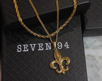 Gold Fleur De Lis Necklace Set for Men – Royal Pendant + Rope Chain, Waterproof Gift