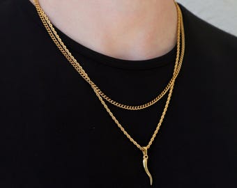 Necklace Set For Men 18k Gold Italian Horn Pendant for Men Italian Horn Necklace Italian Horn Charm Man Cornicello Pendant Italian Necklace