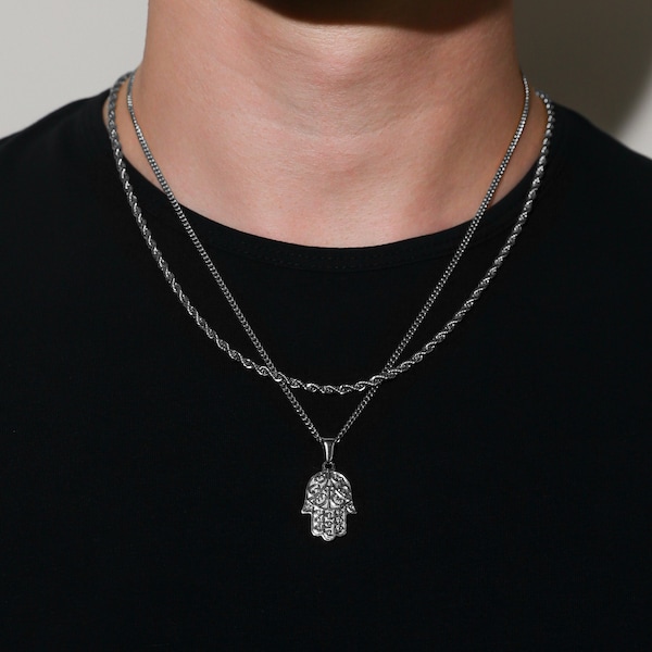 Pendentif Hamsa en argent 18 carats homme mauvais œil pendentif chaîne homme Hamsa charme Hamsa collier main de Fatima main de Miriam pour homme cadeau petit ami