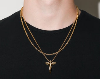 18k Guardian Angel Necklace Gold Angel Necklace Men Gold Angel Pendant Christian Jewelry Gift for him Boyfriend Gift For Man Gift For Dad