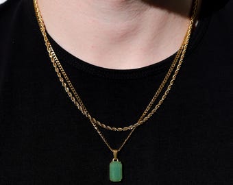 18k Gold Aventurine Stone Pendant Chain Mens Green Stone Pendant Gold Pendant Jade Stone Necklace For Men Gift For Boyfriend Gift For Dad