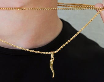 Gold Italian Horn Necklace Set for Men – Cornicello Pendant + Cuban Chain, Waterproof Gift