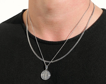 Necklace Set for Men - Silver Compass North Star Pendant Cuban Link Chain Mens Compass Necklace Vintage Necklace Gift For Man Valentines
