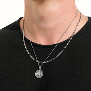 Necklace Set for Men - Silver Compass North Star Pendant Cuban Link Chain Mens Compass Necklace Vintage Necklace Gift For Man Valentines