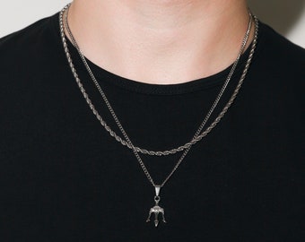 18k White Gold Trident Man Pendant Chain Mens Trident Necklace Silver Man Pendant Poseidon Trident Vintage Necklace For Man Gift For Him