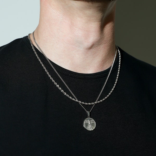 Necklace Set For Men - Silver Gold Da Vinci Vitruvian Man Pendant Chain Mens Silver Pendant Chain Set for Man Necklace For Boyfriend Gift