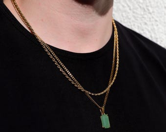 Necklace Set For Men - 18k Gold Aventurine Pendant Chain Mens Jade Stone Pendant Gold Pendant Green Stone Necklace For Men Gift For Men Gift