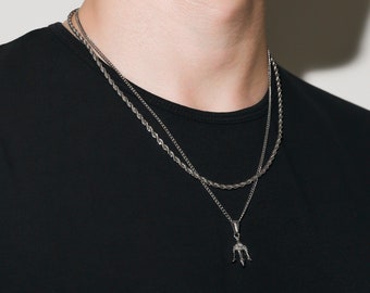 Necklace Set For Men- White Gold Trident Man Pendant Chain Men Silver Pendant Chain Set for Man Gold Poseidon Trident For Man Valentine Gift