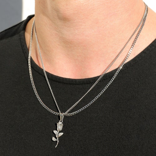 Silver Rose Pendant Cuban Link Chain 