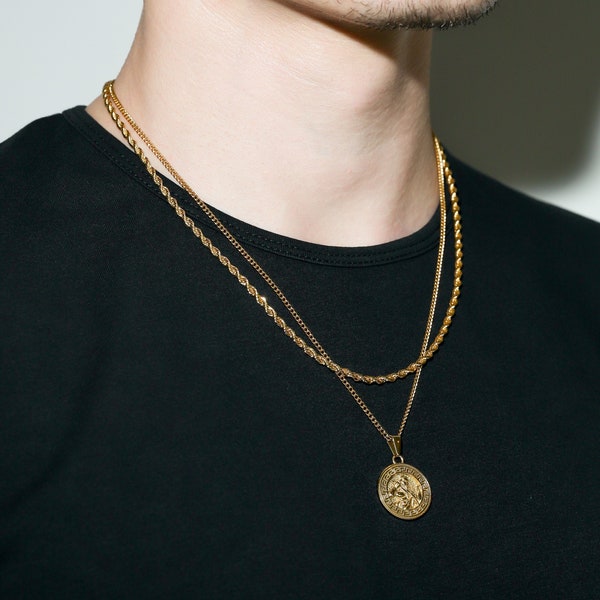 Necklace Set for Men - 18k Gold Zeus Pendant Chain Mens Greek God Zeus Necklace Vintage Greek Medal For Man Valentines Gift For Man Necklace