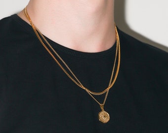 Necklace Set for Men Gold Hammered Compass North Star Pendant Cuban Link Chain Mens Compass Necklace Vintage Necklace For Man Gift For Him