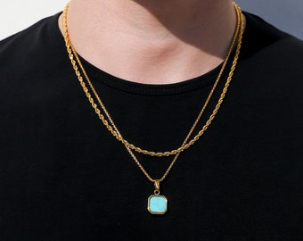 18k Gold Turquoise Stone Pendant Chain Mens Blue Turquoise Necklace Gold Man Pendant Vintage Necklace For Man Gift For Boyfriend Dad Gift