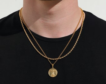 18k Gold Da Vinci Vitruvian Man Pendant Chain Mens Humankind Necklace Gold Man Pendant Vintage Necklace For Men Boyfriend Gift For Him