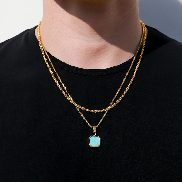 18k Gold Turquoise Stone Pendant Chain Mens Blue Turquoise Necklace Gold Man Pendant Vintage Necklace For Man Valentines Gift For Boyfriend