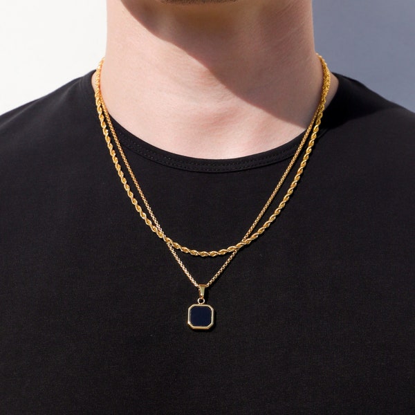 18k Gold Black Onyx Pendant Chain Mens Black Onyx Necklace Gold Man Pendant Vintage Necklace For Men Boyfriend Valentines Gift For Man