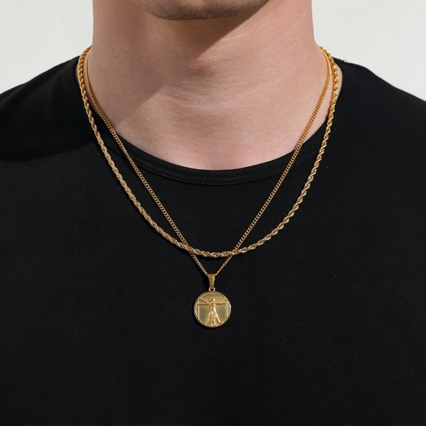 Pendentif homme Da Vinci en or 18 carats chaîne pendentif homme humanité collier homme en or pendentif vintage collier pour homme petit ami cadeau pour lui