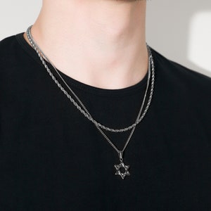 Necklace Set For Men- Silver Star of David Pendant Rope Chain Star of David Chain Pendant for Men Magen David Pendant Jewish Star of David