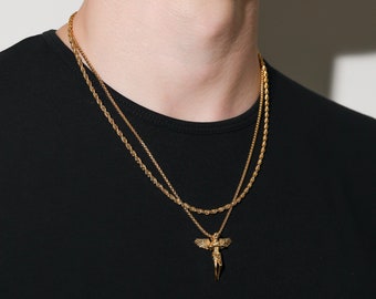 Necklace Set For Men- 18k Gold Guardian Angel Pendant Chain Mens Gold Angel Pendant Chain Set for Man Gold Angel Pendant Man Gift For Dad