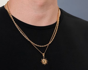 Necklace Set For Men- 18k Gold Sun Pendant Necklace For Man Chain Man Pendant Man Necklace Waterproof Jewelry For Men Boyfriend Gift