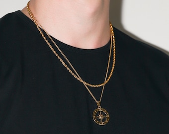 Necklace Set for Men- 18k Gold Compass North Star Pendant Gold Rope Chain Mens Compass Necklace Vintage Necklace Gift For Man Gift For Him