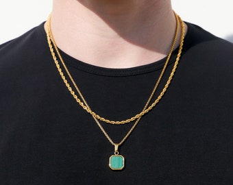 18k Gold Malachite Stone Pendant Chain Mens Green Malachite Necklace Gold Man Pendant Vintage Necklace For Boyfriend Valentines Gift For Man