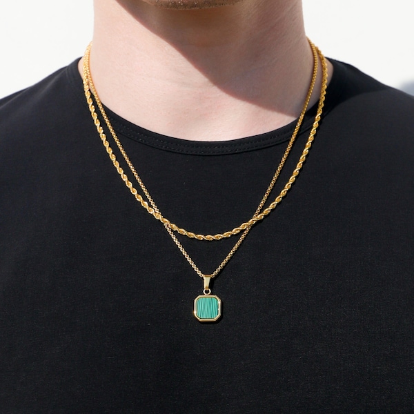 18k Gold Malachite Stone Pendant Chain Mens Green Malachite Necklace Gold Man Pendant Vintage Necklace For Boyfriend Valentines Gift For Man