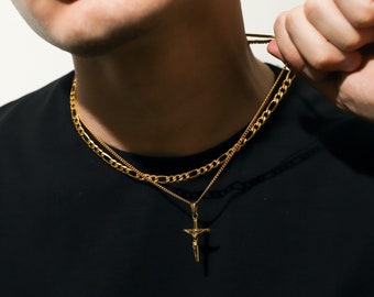 Necklace Set For Men - 18k Gold Crucifix Necklace Gold Cross Necklace Men Gold Cross Pendant Christian Jewelry Gift Man Valentines Gift