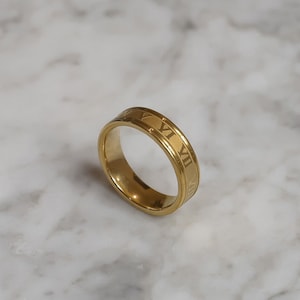 18k Roman Numerals Ring for Men 6mm Gold Wedding Band for Men Roman Ring Wedding Anniversary Ring Men For Man Boyfriend Valentines Gift Man image 1