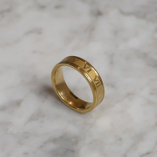 18k Roman Numerals Ring for Men 6mm Gold Wedding Band for Men Roman Ring Wedding Anniversary Ring Men For Man Boyfriend Valentines Gift Man