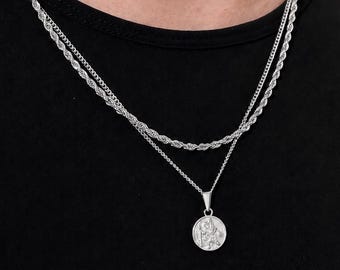 Silver St Christopher Necklace Set for Men – Patron Saint Medal + Rope Chain, Waterproof Gift