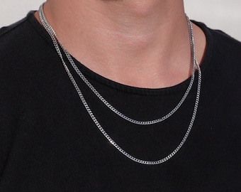 18k Silver Cuban Link Chain Man Silver Mens Necklace Stainless Steel 3mm Cuban Chain Silver Curb Chain Man Chain Cuban Boyfriend Gift Man