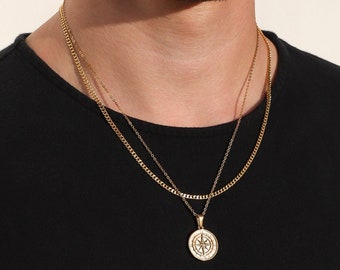 男性用ネックレスセット - 18Kゴールドコンパスノーススターペンダント