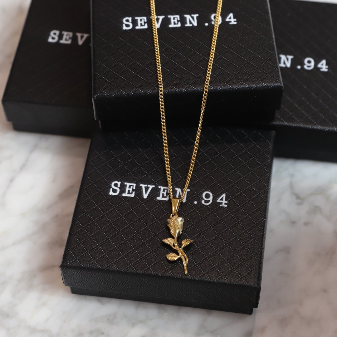 18k Gold Rose Pendant Chain Mens Rose Necklace Gold Rose