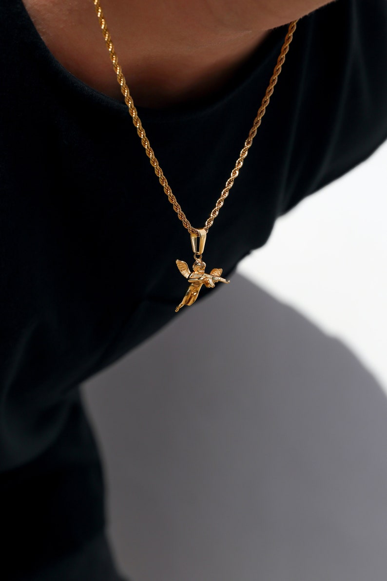 Colgante de Cupido en plata de 18 quilates, ángel de la guarda, collar para hombre. Colgante de Cupido para hombre. Colgante de Cupido dorado, collar de Cupido para hombre, regalo para novio. imagen 7