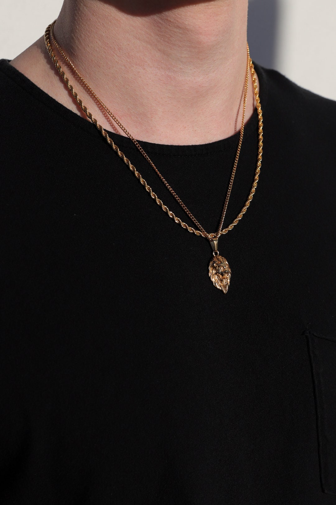 18k Lion of Judah Gold Lion Head Pendant Chain Mens Lion Necklace