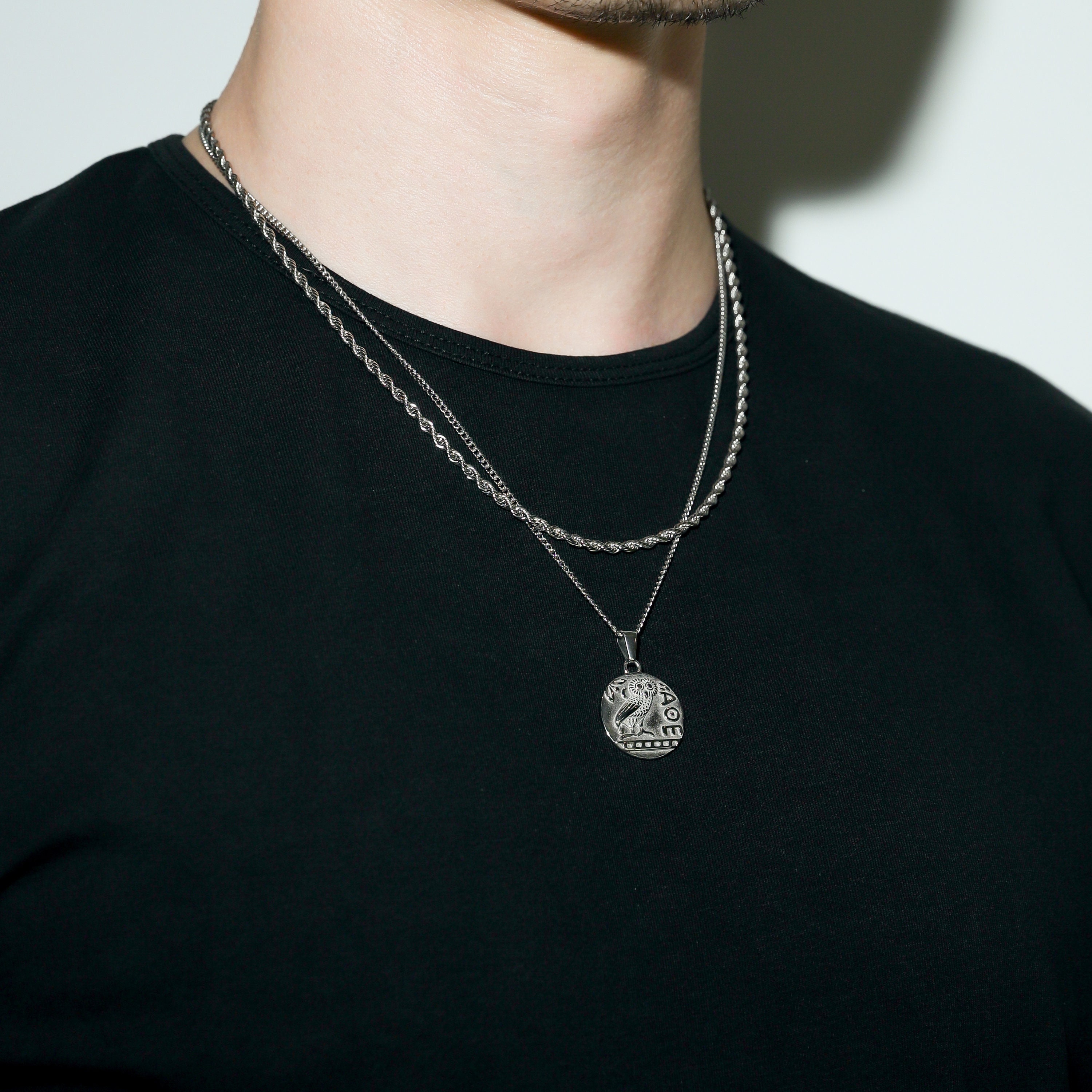 Necklace set for Men - Silver Greek Owl Pendant for Men Ancient Greek Coin Pendant Owl of Athena Pen
