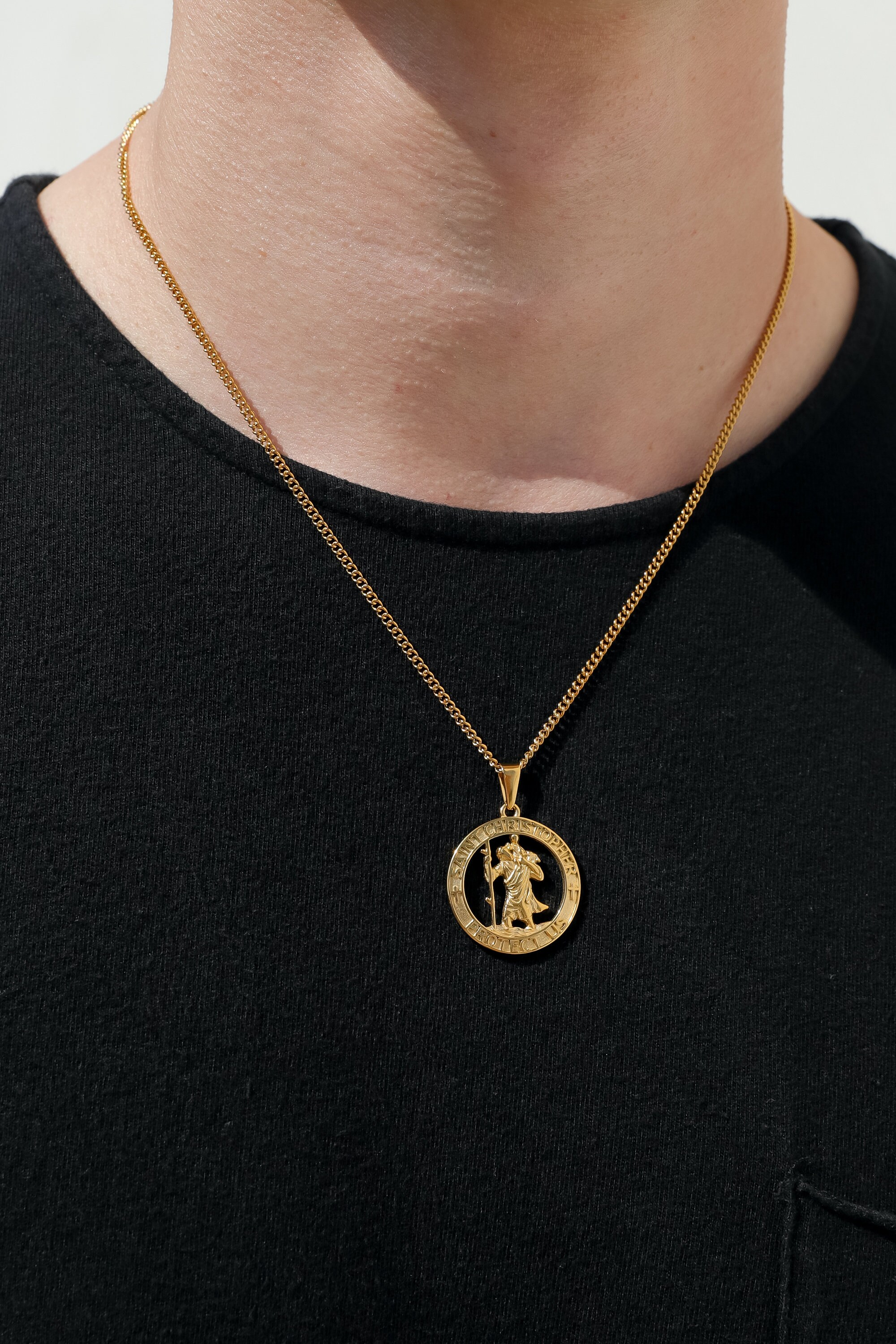18k Gold Saint Christopher Pendant Chain Mens St Christopher Etsy