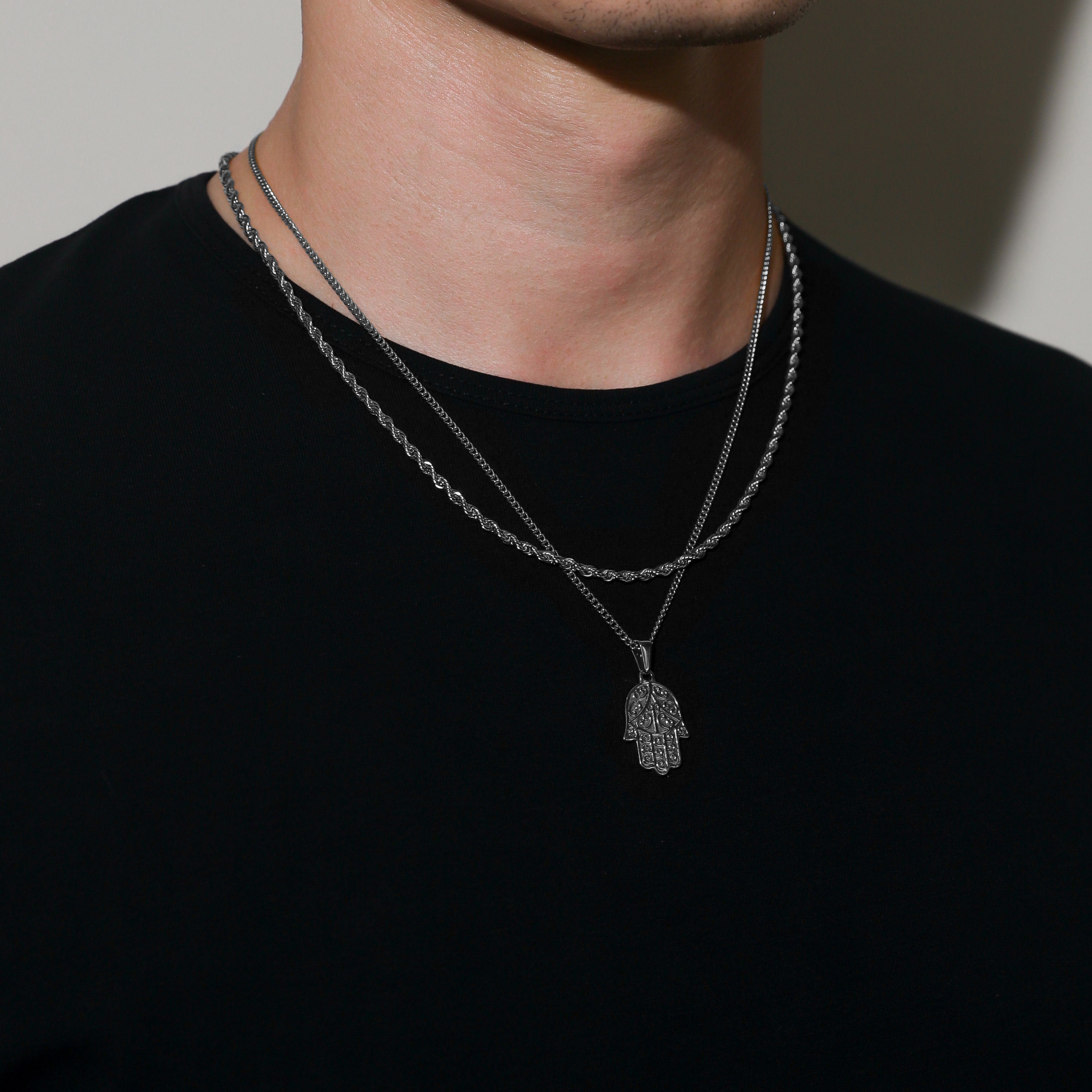 Hamsa Rope Chain Necklace Set for Men - White Gold Hamsa Pendant Rope Chain Hamsa Hand ...