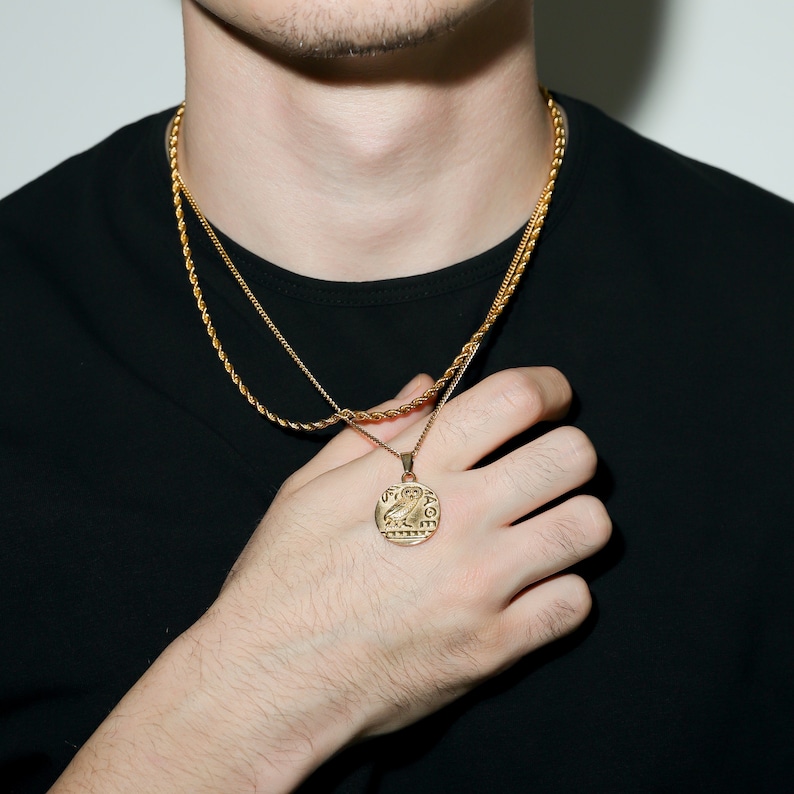 May include: A gold chain necklace with a round pendant featuring an owl design. The necklace is layered with a second, thinner chain.