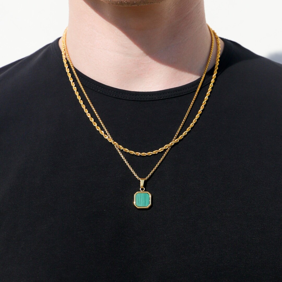 18k Gold Malachite Stone Pendant Chain Mens Green Malachite Necklace ...