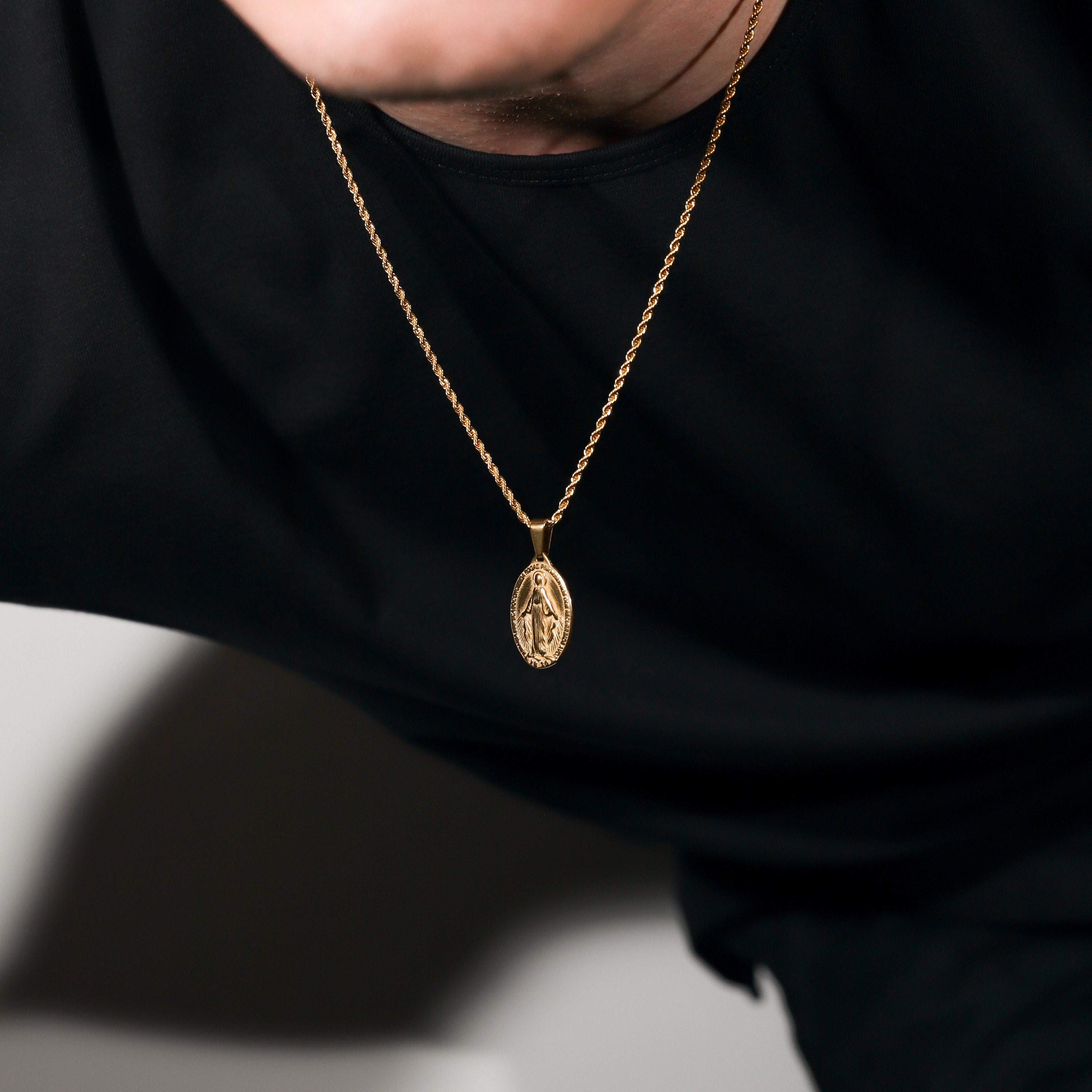 Gold-Toned Virgin Mary Pendant Necklace | Miraculous Medallion Amulent |  Classy Men Collection