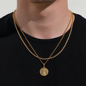 Necklace Set for Men 18k Gold Da Vinci Vitruvian Man Pendant Chain Mens ...