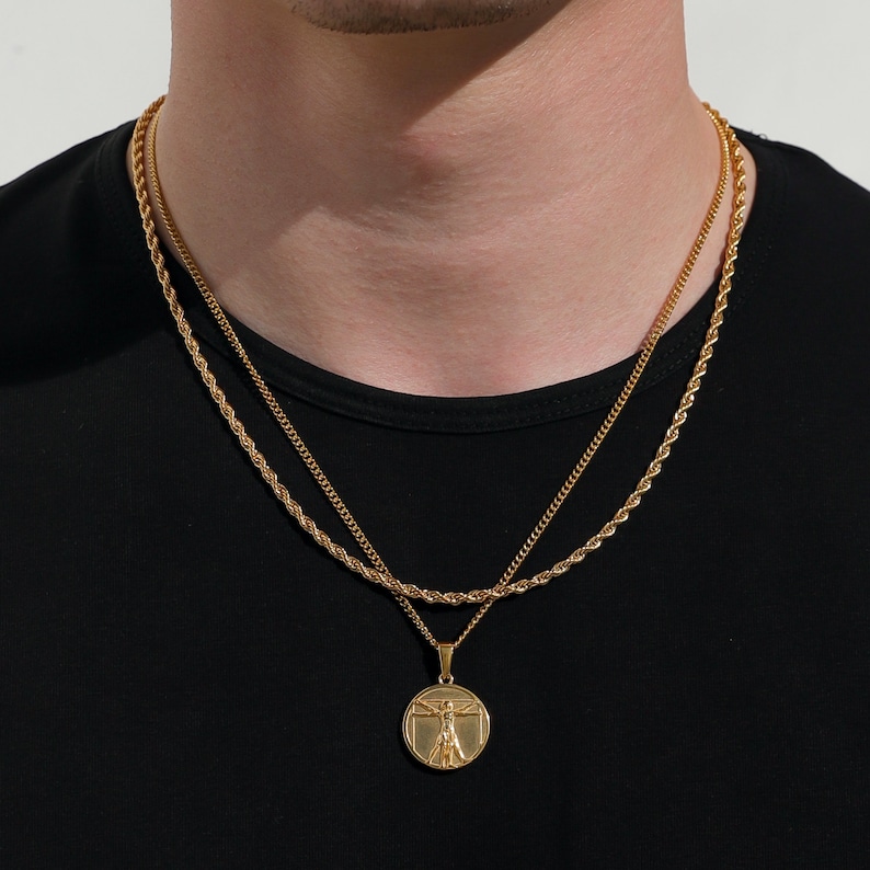 Necklace Set for Men 18k Gold Da Vinci Vitruvian Man Pendant - Etsy