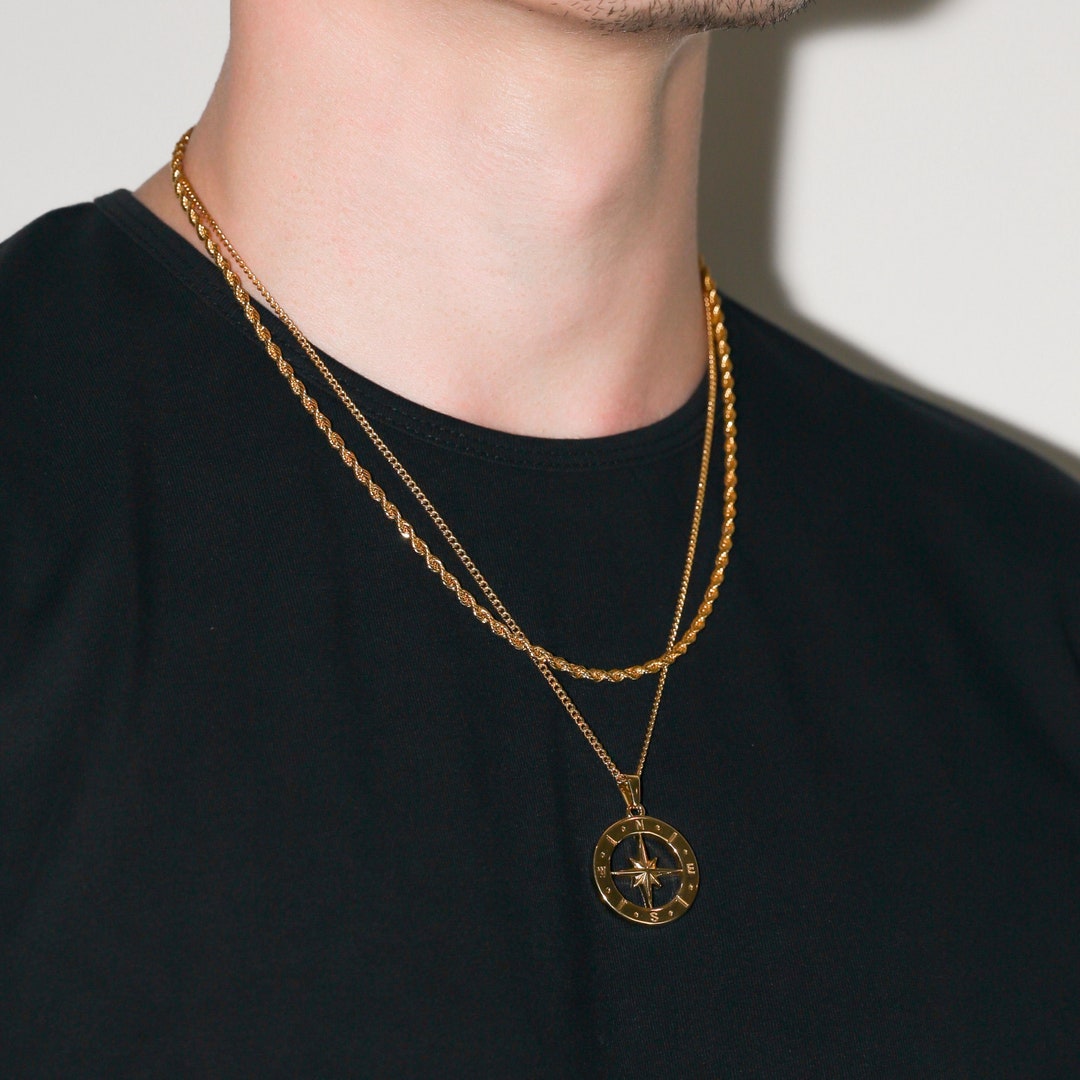 Necklace Set for Men 18k Gold Compass North Star Pendant Gold - Etsy