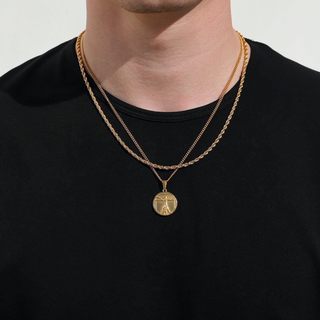 18k Gold Da Vinci Vitruvian Man Pendant Chain Mens Humankind Necklace ...
