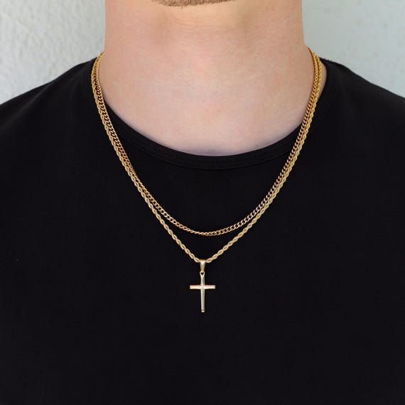 Collana Uomo Croce In Oro 18k - Ciondolo Crucifix Su Catena Acciaio Inox 316L 55cm Resistente Acqua - Foto 8