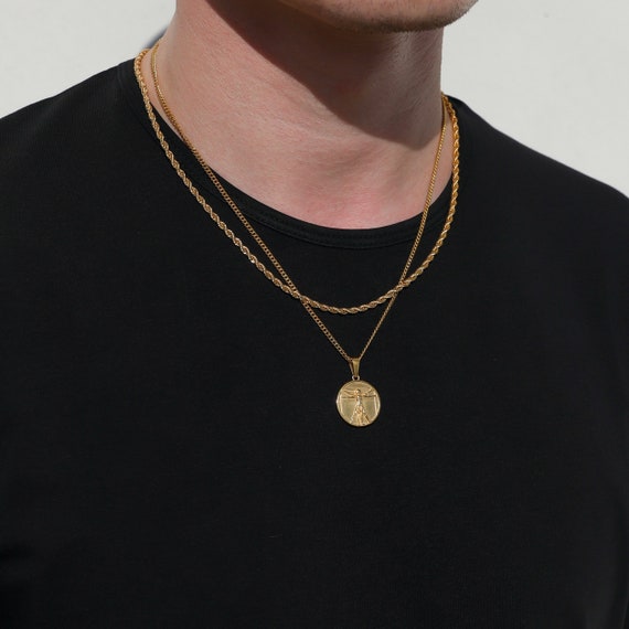 Necklace Set for Men 18k Gold Da Vinci Vitruvian Man Pendant Chain